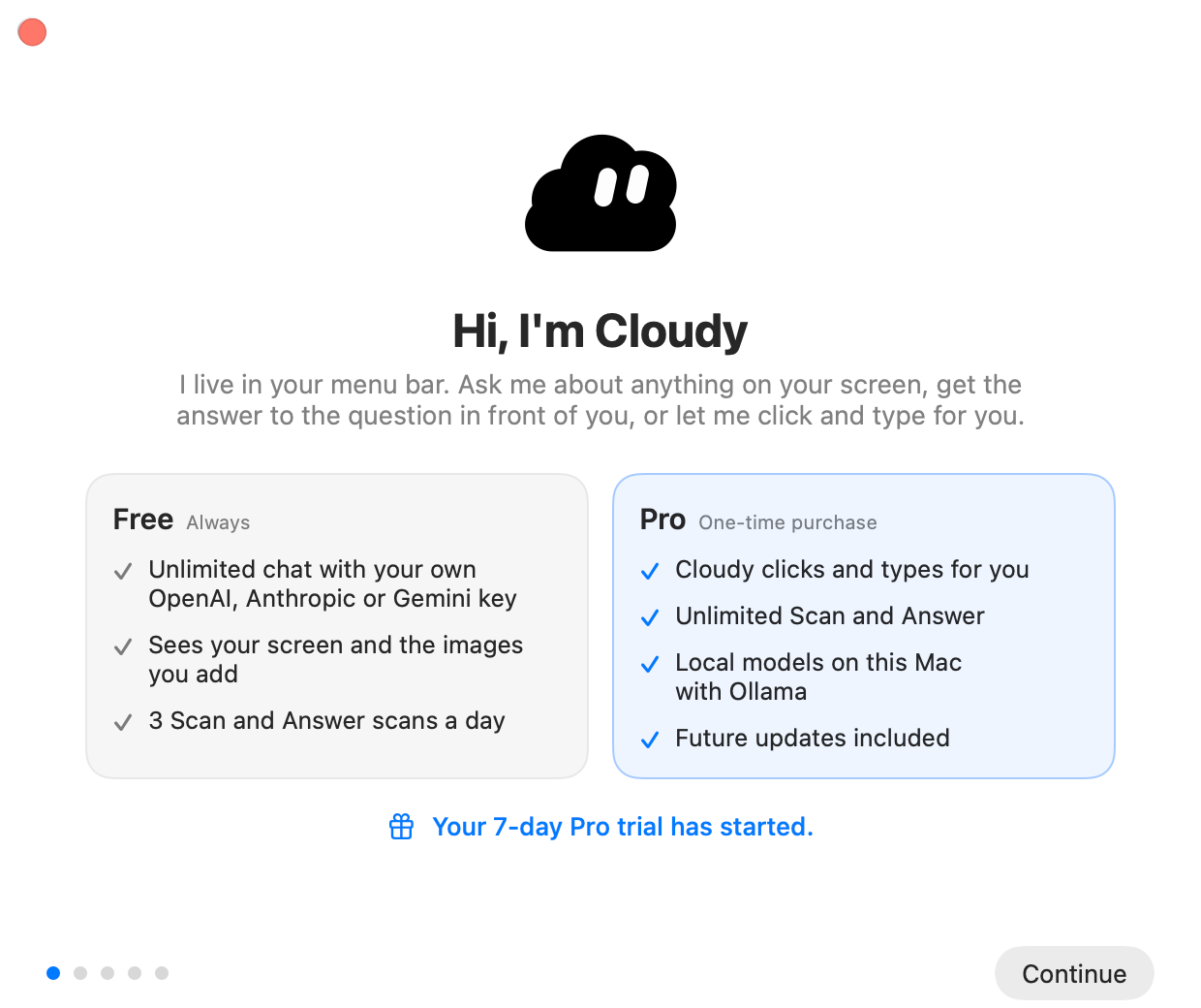 Cloudy's setup screen, where you choose which AI to use