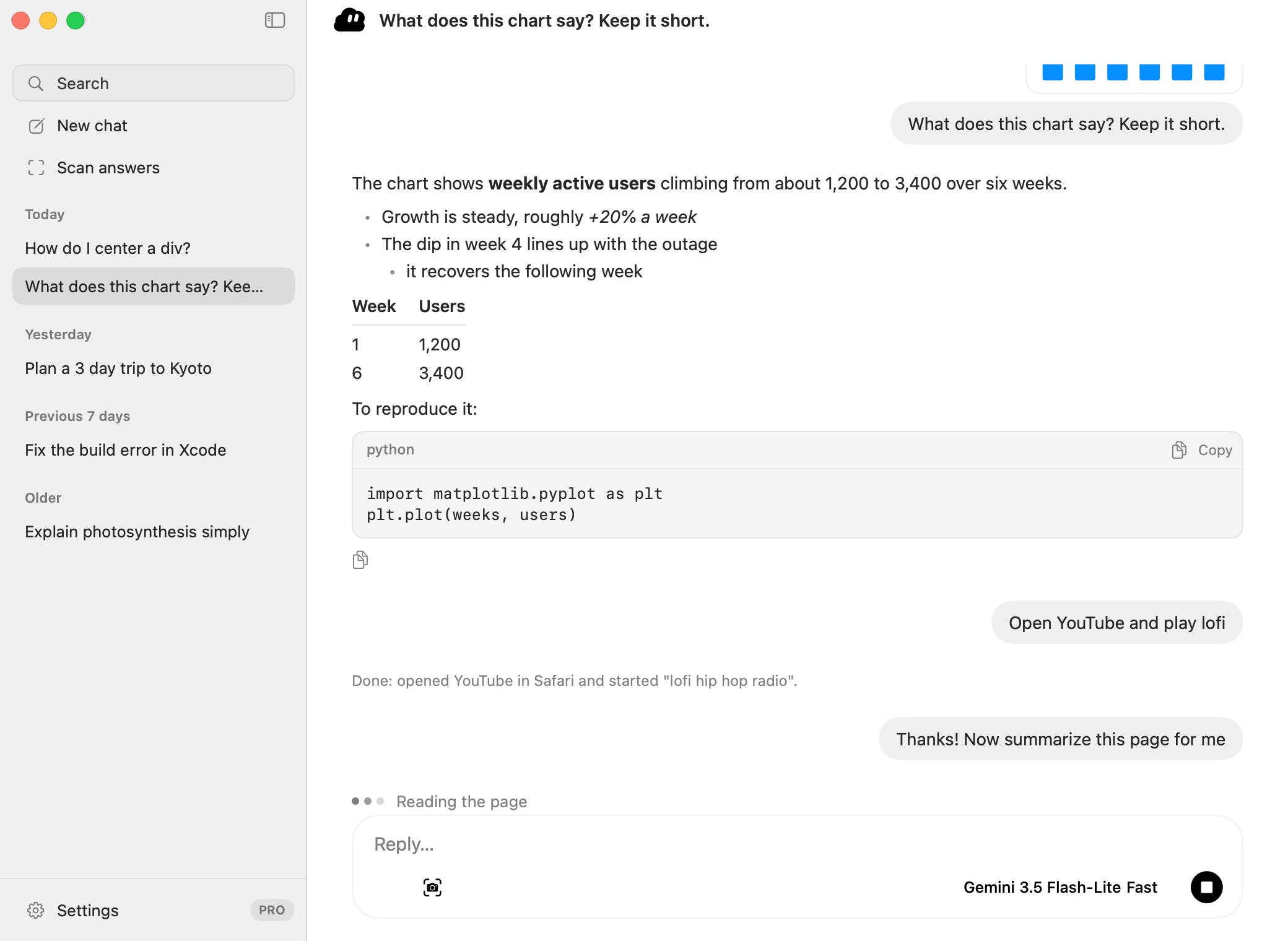 Cloudy's chat window: saved chats on the left, a reply with a table and code on the right