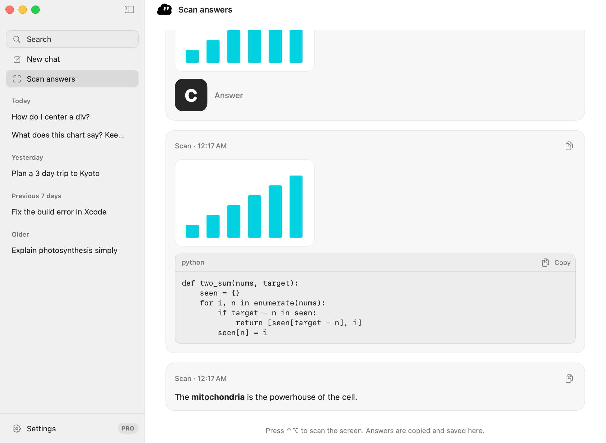 Scan answers page with past answers: a letter, some code and a sentence